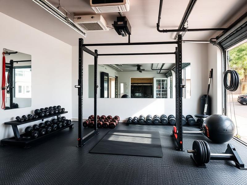 Home gym in a converted garage in Northern Virginia