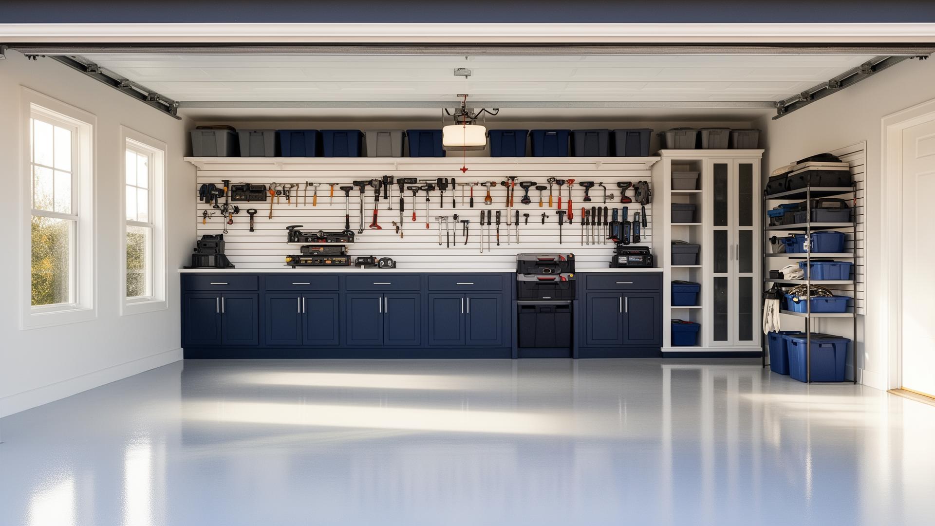 Beautifully organized modern garage with navy storage system